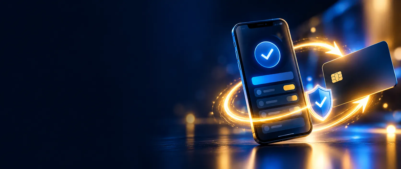Teléfono con un pago confirmado y una tarjeta bancaria