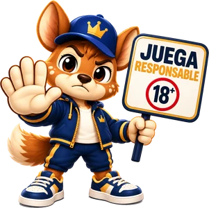 Pudín, el pudú de BetPudu, con gorra y un cartel que dice Juega responsable, +18